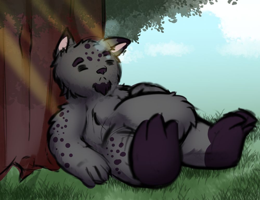 Guillermo sleeping under a tree in the daylight. a creature with dark gray fur, spotted pattern on their back and sides, a black beard and black foot paws. 