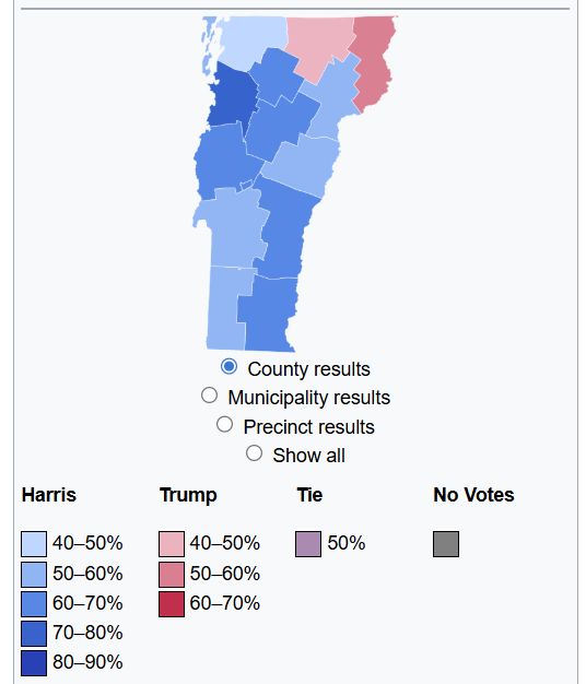 2024 election map of Vermont, showing results by counties with two of the counties bordering Canada showing Red, ie more Trump votes