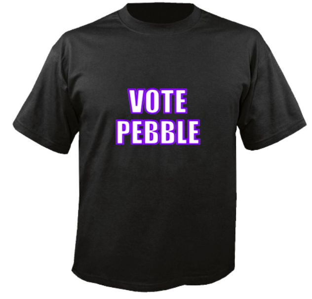 vote Pebble slogan on a black t-shirt