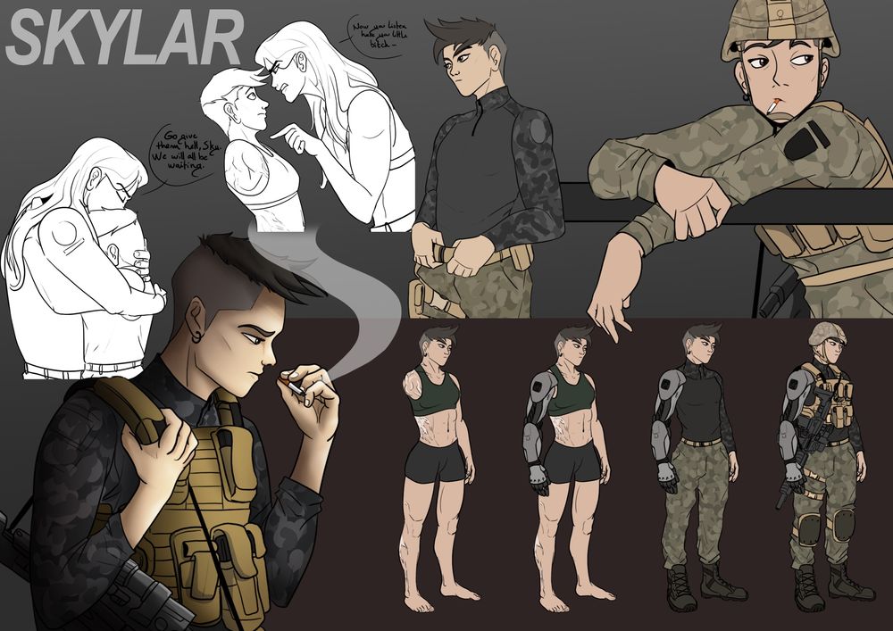 Character sheet for human soldier OC (part of NEST) including multiple gears sketches, interactions,… 