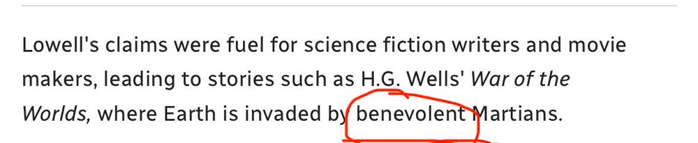 CBC science article on Mars describes Wells’s invaders as ‘benevolent’?