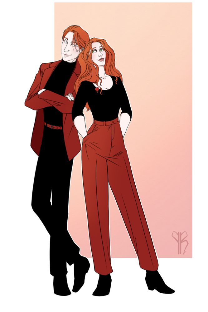 A red-haired man in a red jacket and a red-haired woman in red trousers stand leaning against each other. Original characters.