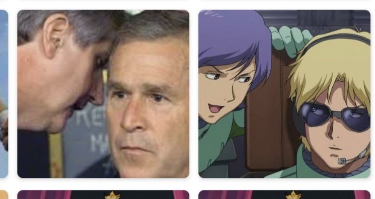 Print cortado da pasta de Downloads na galeria do meu celular mostrando, em miniatura, a foto do ex-presidente George W. Bush recebendo a notícia dos atentados de 11 de setembro ao lado de um frame de Gundam The Origin no qual Garma Zabi está sussurrando segredinhos para Char Aznable.