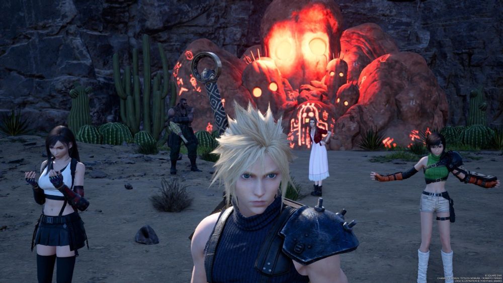 Cloud, Tifa, Yuffie, Barret, and Aerith stand in a star formation in front of stone cactuars with glowing eyes