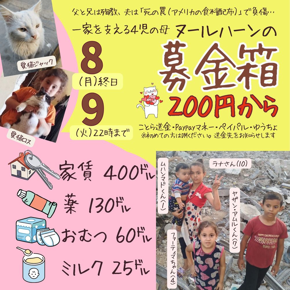 左上に愛猫ジャック（白猫）愛猫ロス（白黒ハチワレ）の写真

父と兄は殉教、夫は「死の罠（アメリカの食料配布）」で負傷
一家を支える4児の母ヌールハーンの募金箱

8（月）終日
9（火）22時まで

200円から
ことら送金・Paypayマネー・ペイパル・ゆうちょ
※初めての方はDMください。送金先をお知らせします

家賃400ドル
薬 130ゲル
おむつ 60ドル
ミルク25ドル

ファーティマちゃん（4）
ムハンマドくん（１）
ラナさん（10）
ヤザン・アムルくん（7）
瓦礫の前に立つ４人の写真
