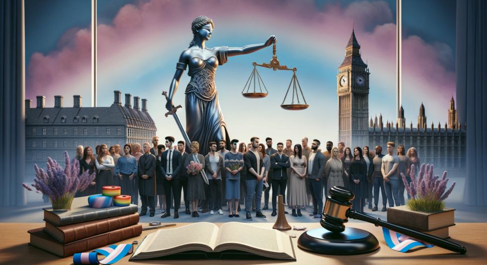 a diverse group of individuals, many trans, gathered in sight of lady liberty