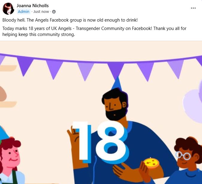 a post celebrating 18 years of the angels facebook group