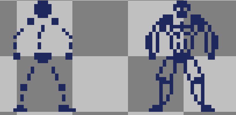 pixel art skeleton(stick) man, pixel art muscular stick man.