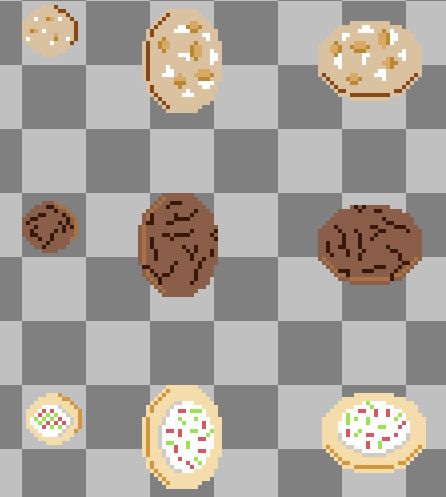 Three pixel cookies, depicted with a small icon, and then a close up of each.

Top: White chocolate chip macadamia cookie.

Middle: Molasses

Bottom: Sugar drop cookie w/ sprinkles!