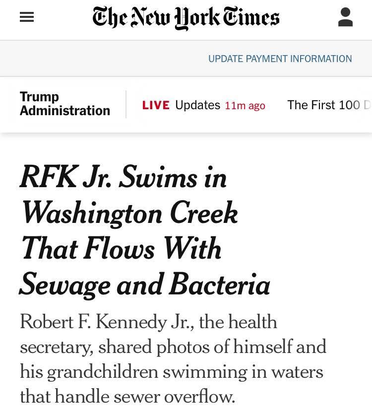 A screenshot of a New York Times article. RFK Jr. Swims in Washington Creek That Flows with Sewage and Bacteria. 