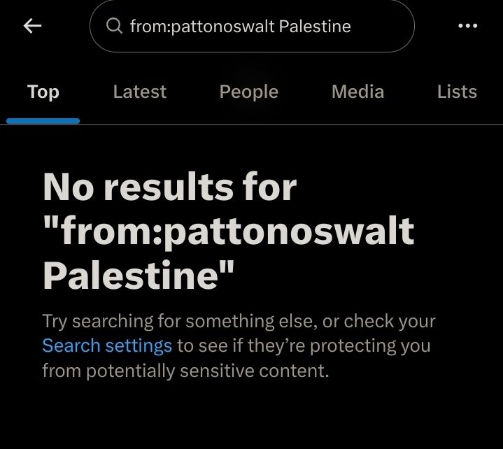 A screenshot from patton Oswalt's Twitter account showing "No results for "from:pattonoswalt Palestine"