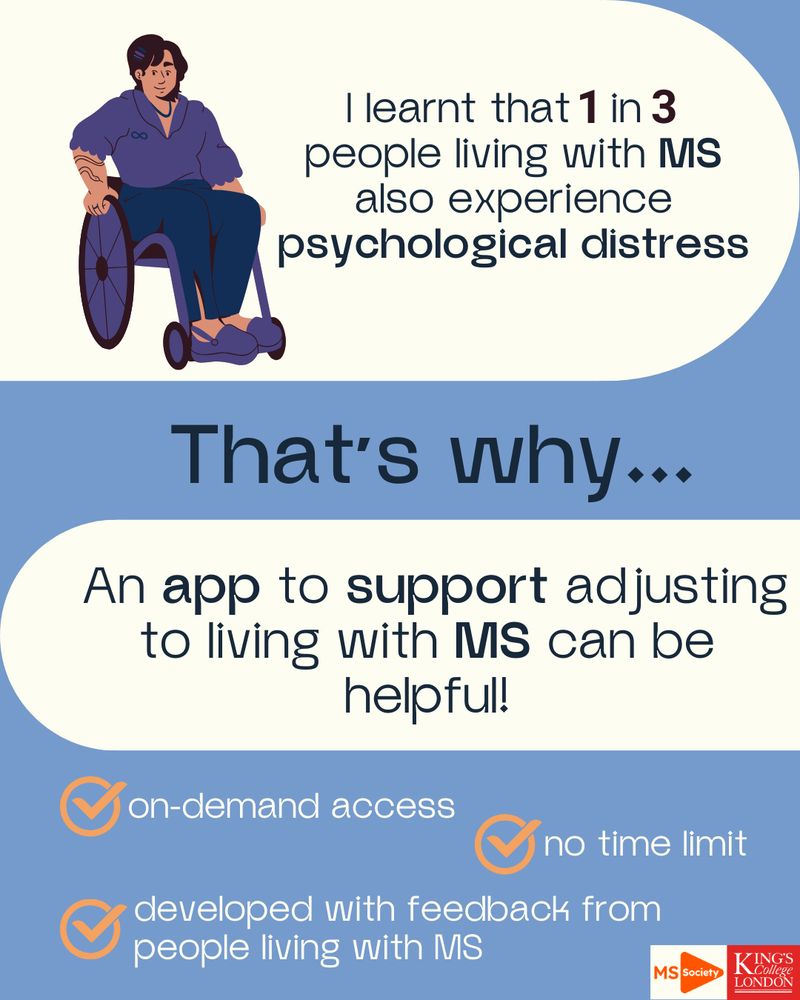 I learnt that 1 in 3 people living with MS also experience psychological distress. That's why an app to support adjusting to living with MS can be helpful! It has on-demand access, no time limit and it's developed with feedback from people living with MS