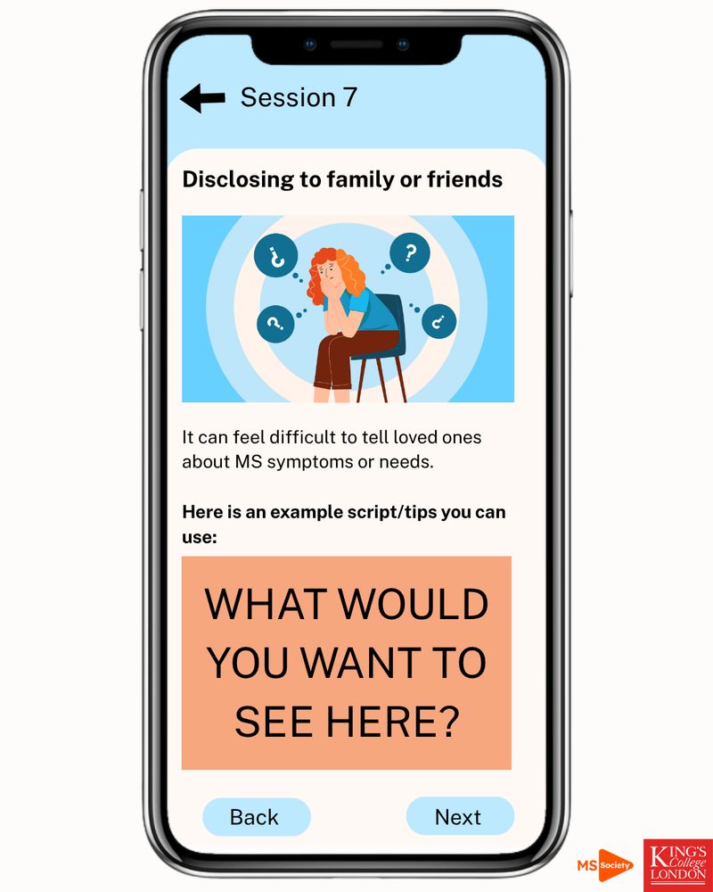 A smartphone mock-up displaying an app screen titled “Session 7.” Below the title is the heading “Disclosing to family or friends” and an illustration of a person sitting on a chair, looking worried, with question-mark icons floating around them. Text underneath reads: “It can feel difficult to tell loved ones about MS symptoms or needs.” A subheading says: “Here is an example script/tips you can use:” followed by a large peach-coloured box with the placeholder text “WHAT WOULD YOU WANT TO SEE HERE?” The buttons “Back” and “Next” appear at the bottom. MS Society and King’s College London logos are in the lower-right corner.