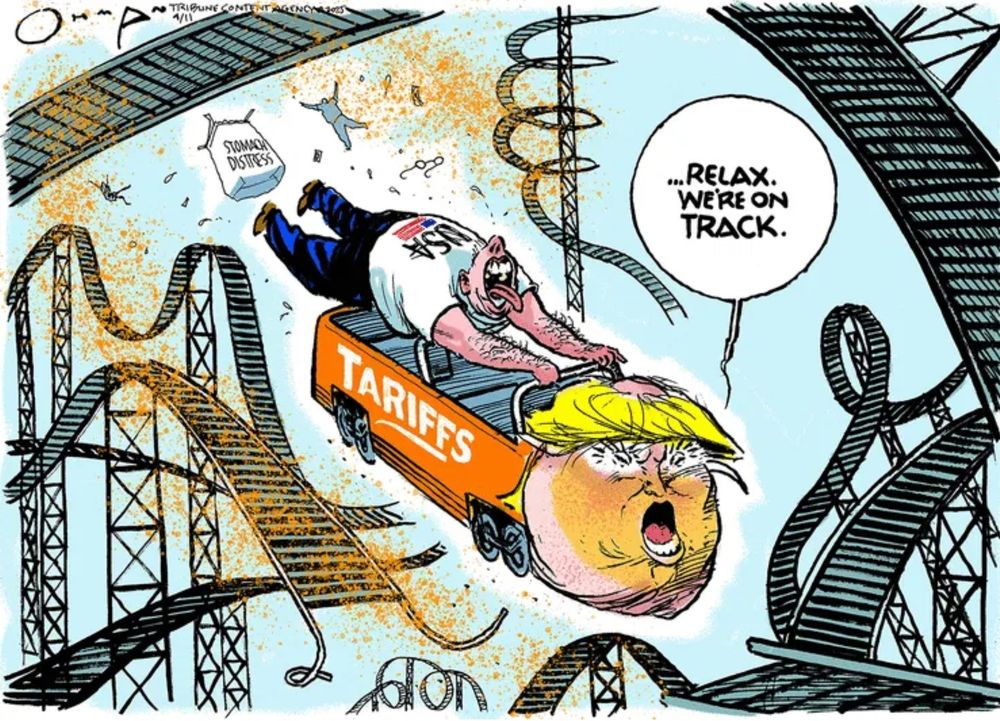 A Jack Ohman political cartoon wherein Trump as an out-of-control rollercoaster car, labeled "Tariffs") flies over busted track while a representative USA citizen holds on for dear life as the disaster scene unfolds.