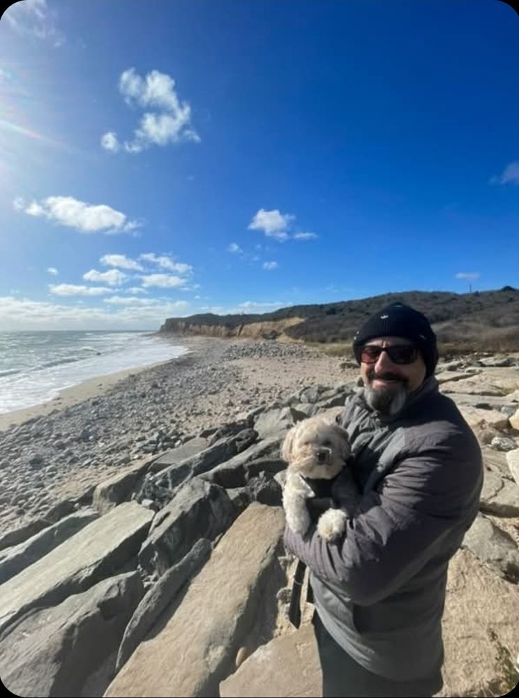 There's a man in the foreground.  He's wearing a grey jacket, a black hat and sunglasses.  He's holding a cute, small dog with curly beige hair.  He's standing on a rocky area.  The scene stretches back to a rocky beach with cliffs in the background.  There are also ocean waves hitting the beach.