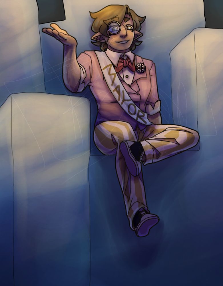 Art of Mayor GoodtimeswithScar from Season 7 of Hermitcraft sitting on his Diamond throne, he is looking down at an unshown figure beneath him and smiling with presumably evil or mischevies intent.