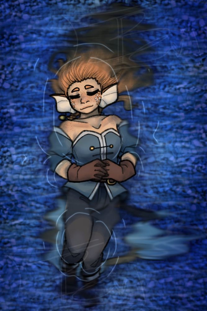 Hermitcraft Season 10 Geminitay, laying in a body of water. She is a Koi fish Hybrid, and has some visible scales on her face. Her legs, hair, part of her body, and her tail are under the water and slightly distorted due to the way water refracts light. She looks very peaceful, with her eyes closed, and her hands resting on her stomach. The river bed beneath her is filled with pebbles which are also distorted by the water.