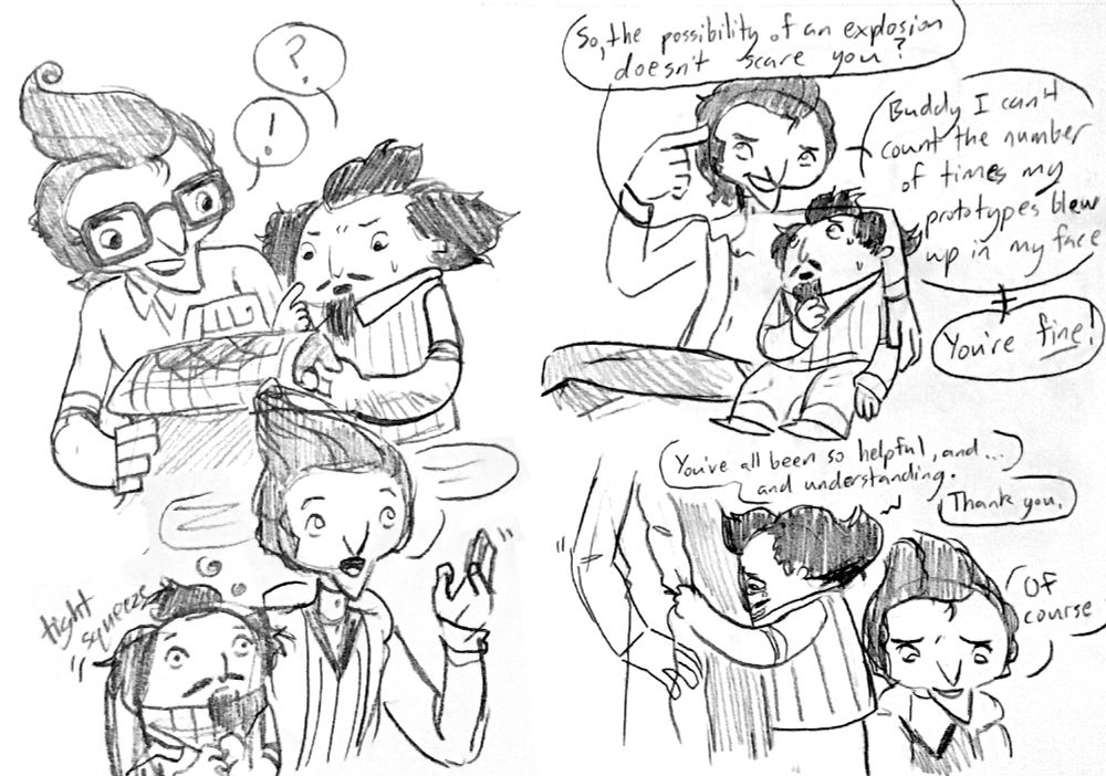 Sketches of Compton and Otto spending time together in various scenes. 

Compton and Otto look over a blueprin of what would become the Psychoisolation Chamber; Otto excitedly answers a question Compton has about it.

Otto and Compton sit together as they talk.
Compton: "So, the possibility of an explosion doesn't scare you?"
Otto: "Buddy I can't count the number of times my prototypes blew up in my face! You're fine!"

Otto talking while putting an arm around Compton and squeezing him in a tight side hug. Compton looks out of it, he might be dissociating. 

Compton tears up as he grabs Otto's coat and hugs him. 
Compton: "You've all been so helpful, and understanding. Thank you."
Otto looks down at him with a soft smile and responds, "Of couse."