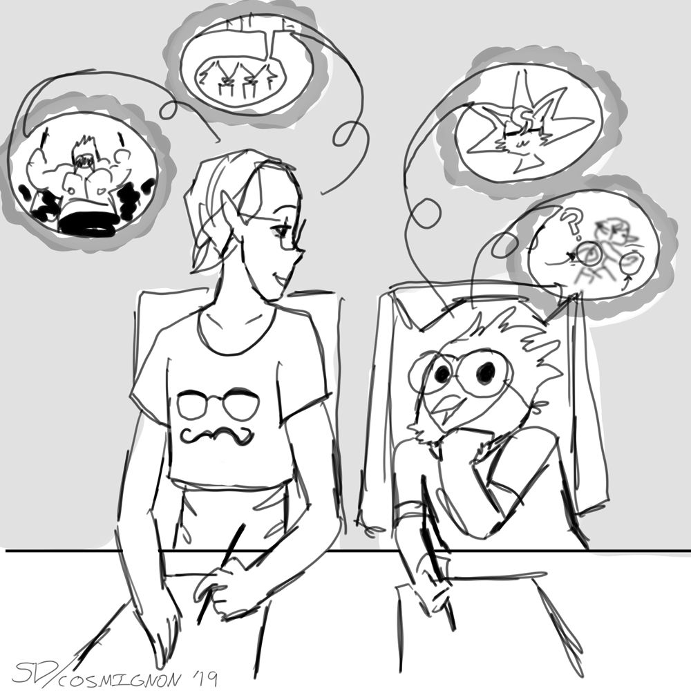 A sketch of Olivia and Sasha talking to each other as they answer written questions for a bar trivia night. Olivia is talking about things like an ape on the drums and an underground forest, while Sasha is talking about a cat who smokes weed and a mysterious/cryptid like figure. 