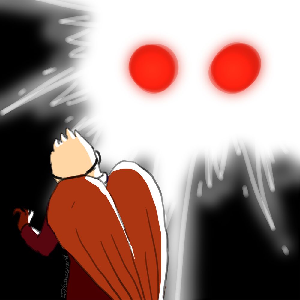 An illustration of Sasha looking up in surprise as a pair of bright red eyes in a flash of blinding light shine down on her. 