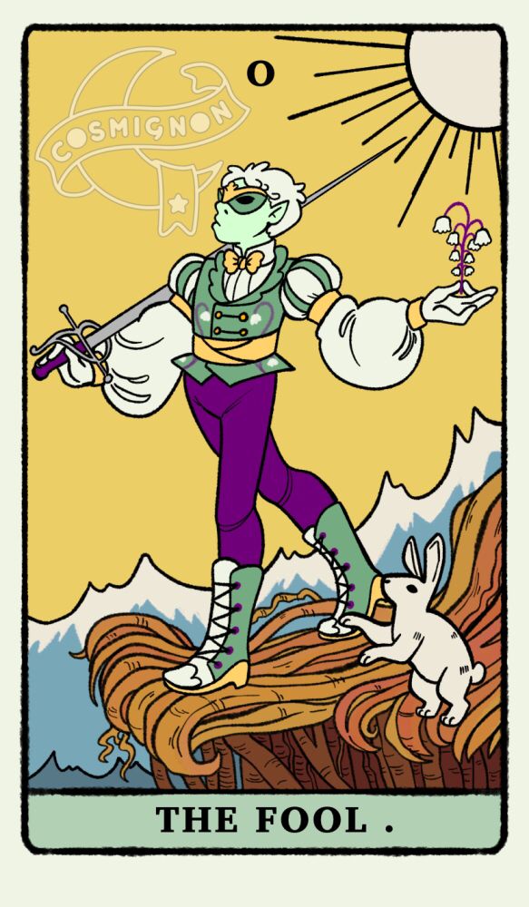 An illustration based on the Rider-Waite tarot deck. The Fool is played by Lilian, a nonbinary dryad bard carrying a rapier over faer shoulder and a lily of the valley in their other hand. Faer wearing a green and purple renaissance faire inspired performance outfit, complete with a masquerade mask. It’s decorated in gold accents and more lily of the valley imagery. 
Lilian walks toward the edge of the cliff made of numerous banyan tree roots. The ocean below crests in jagged waves. A white rabbit by Lilian’s feet follows them as fae is about to fall.