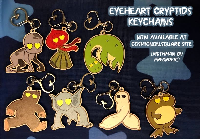 A photo of the following 7 cryptids laying next to each other: the dover demon, flatwoods monster, loch ness monster, bigfoot, hopkinsville goblin, fresno nightcrawler, and loveland frog.