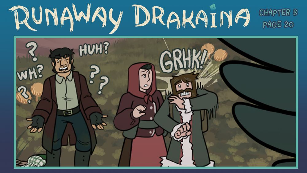 Runaway Drakaina chapter 8 page 20, featuring a panel of Griffin, Bernadette, and John reacting to a raven flying past.