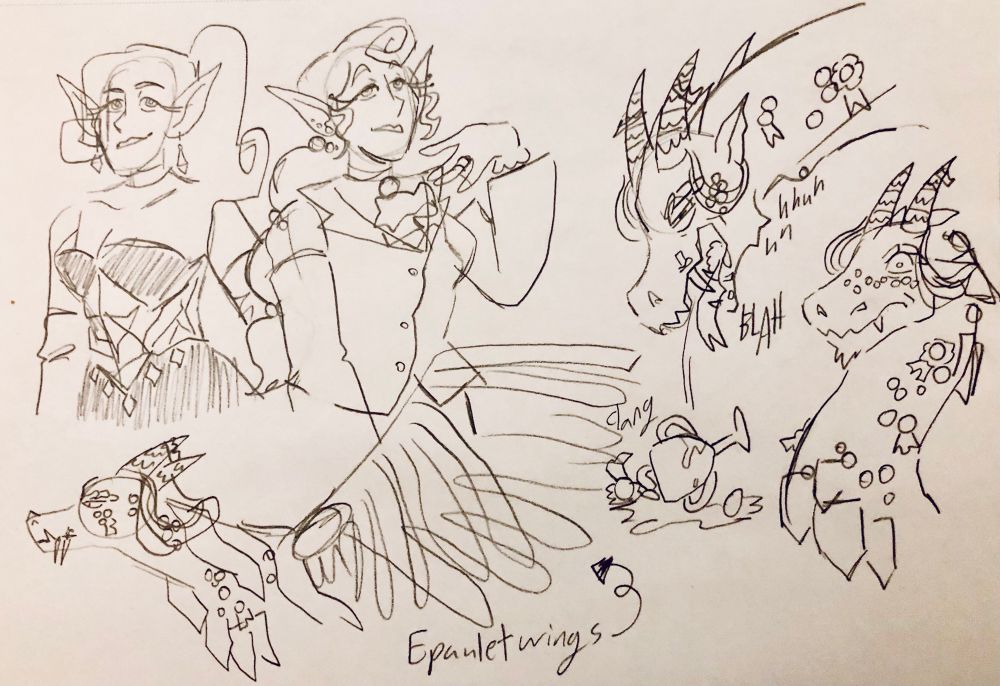 Sketches of Dicaprio (an elf) in two different fancy outfits, and sketches of Rex, a dragon who is so adorned with medals and crowns and misc items of valor/victory that he's literally coughing them up. 
