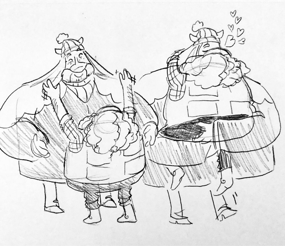 Sketches of older Bob Zanotto indicating he wants to be picked up and kissed by Helmut, who happily obliges.