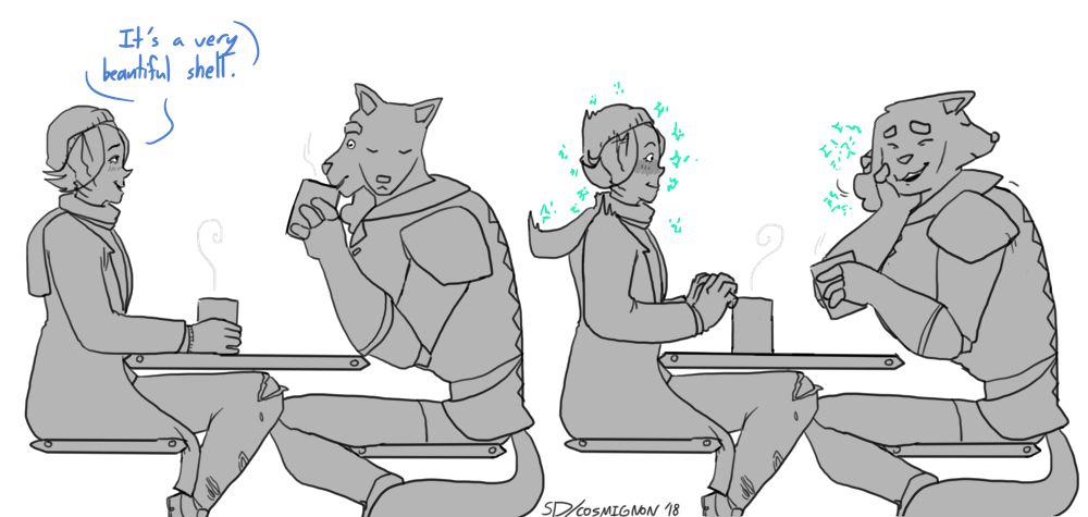 An illustration of Olivia and Courage sitting at a table drinking coffee. Olivia tells Courage "It's a very beautiful shell." ("shell" is the name of his robotic suit). Courage bashfully puts a hand to his cheek as his emotions emanate from him as a static sensation Olivia can feel too, which makes her blush. 