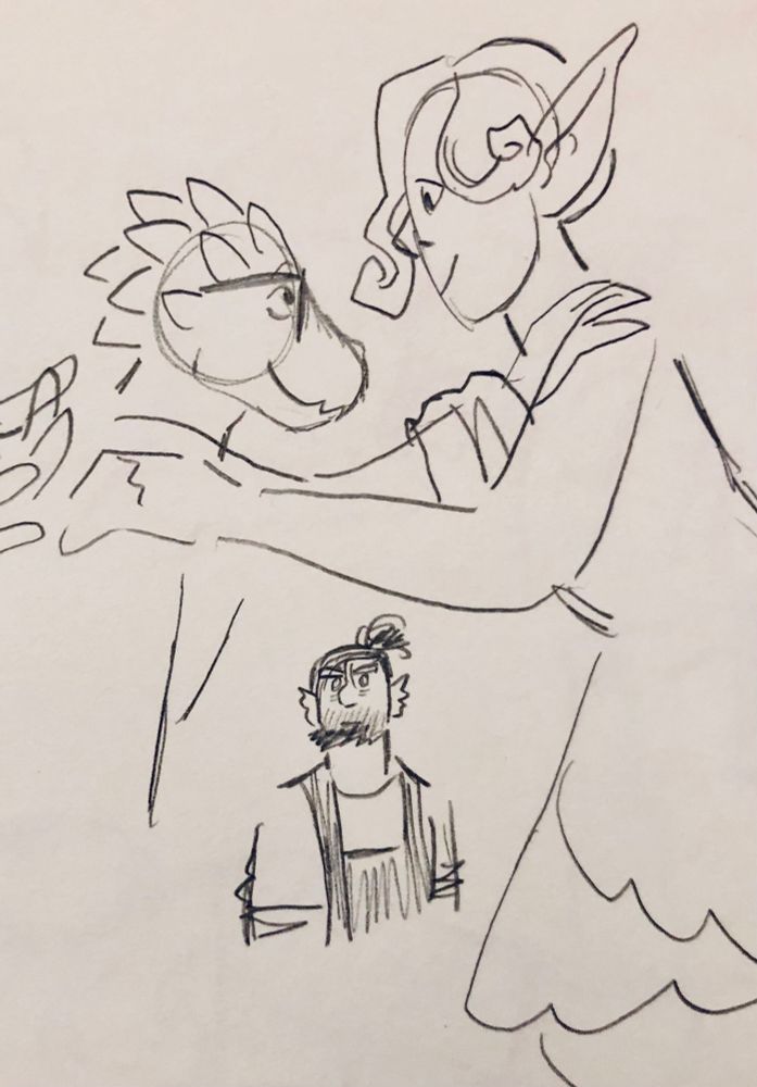 A sketch of Hop and DiCaprio smiling at each other, while Rex is off in the distance and stares. 