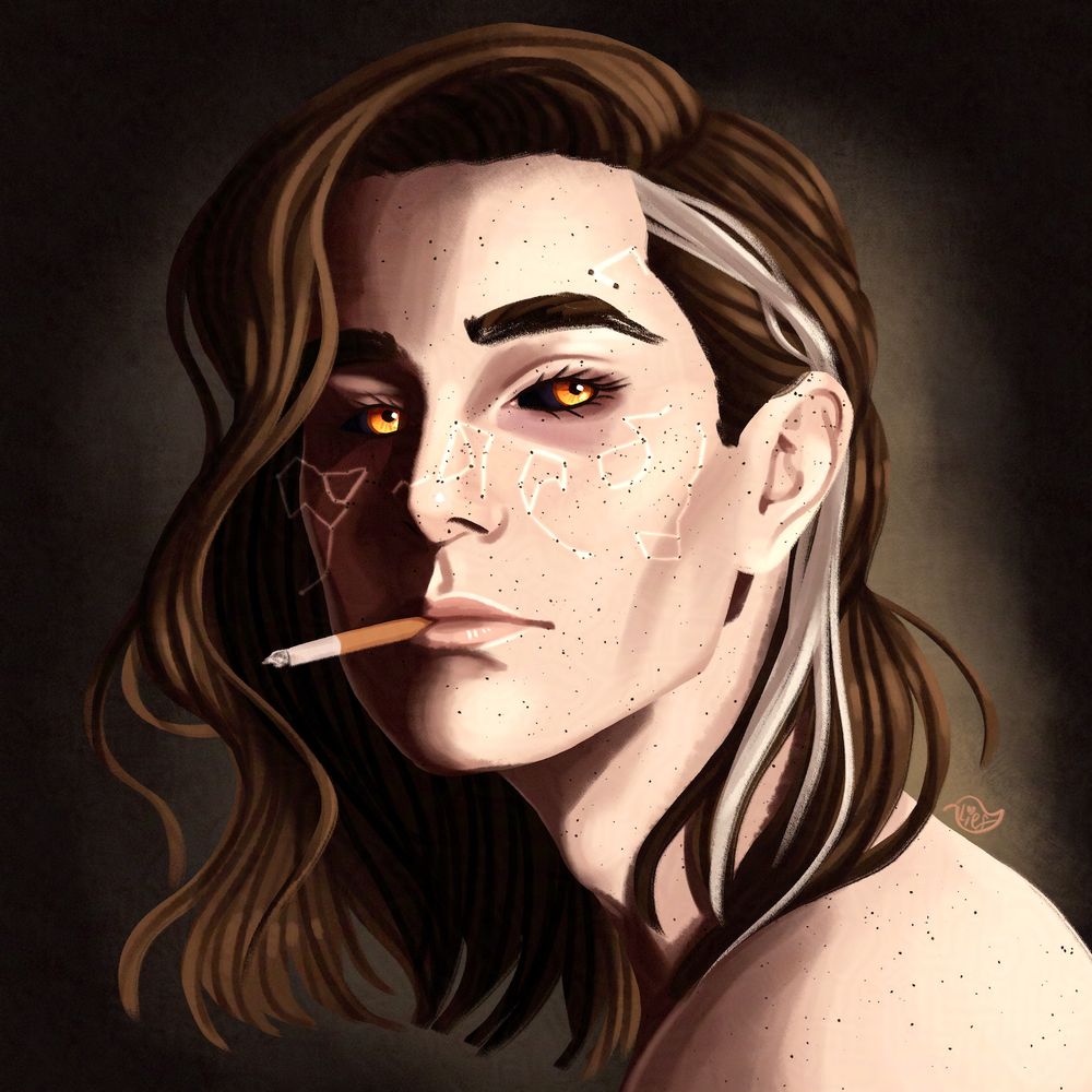 A rendered digital portrait of a man with almost sickly pale skin and shoulder length black hair with a white strip in it. He has gold irises with black sclera, and freckles across his face that are connected with softly glowing constellations, some of which extend past his face. He is smoking a cigarette and has very large bags under his eyes that make him look very tired. He is looking over his shoulder to the side with an indifferent, tired expression. The background is a brown gradient.