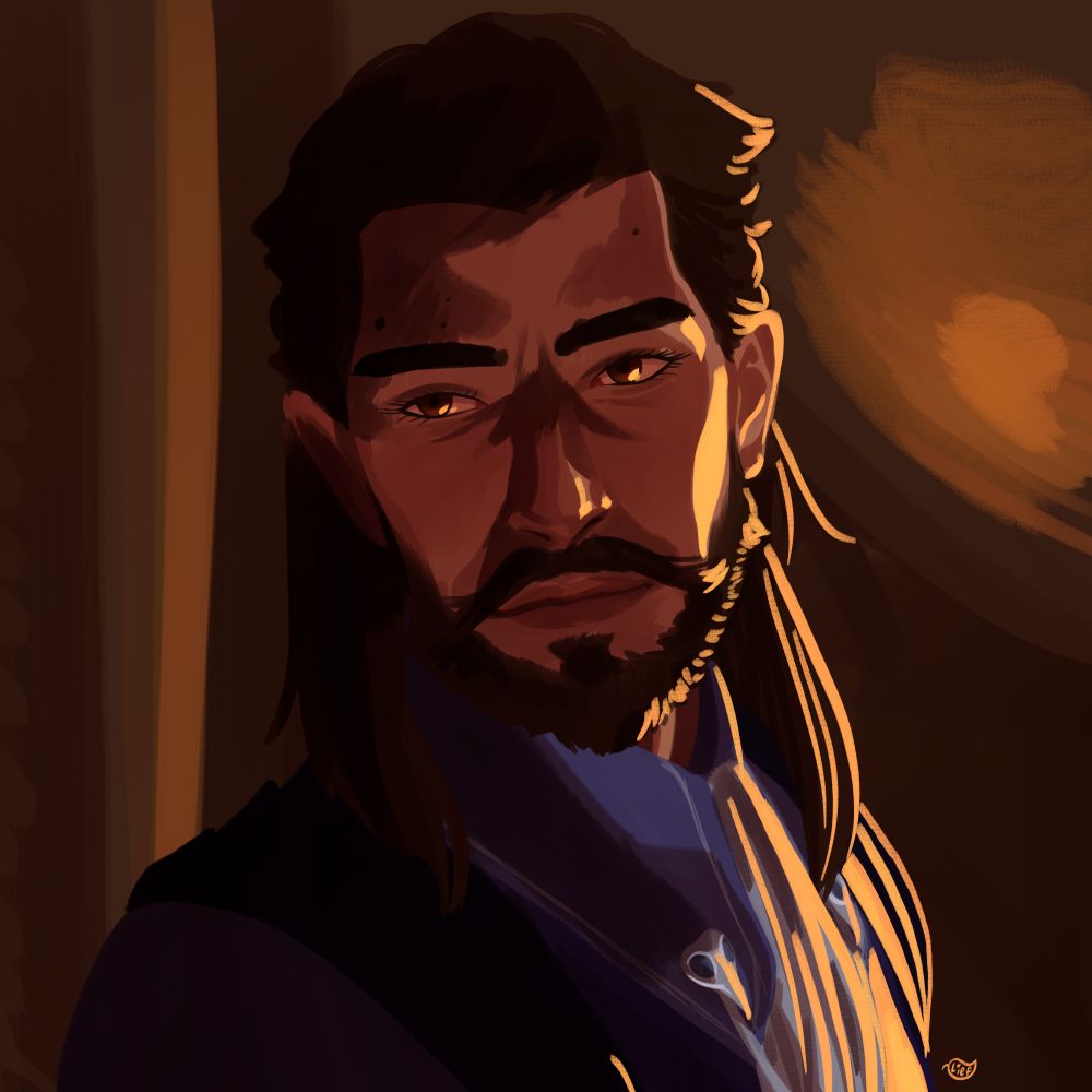 A digital portrait painting of Lucanis from Dragon Age: The Veilguard. He is looking off to the side of the viewer, but he's facing forward. There is a deep shadow cast over him, but a yellow highlight lines his face and clothing on the right side.