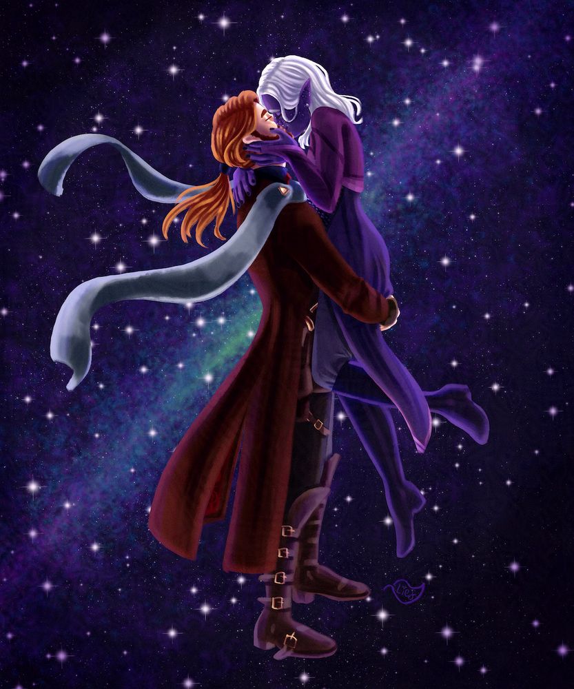 A rendered digital illustration of Caleb Widogast and Essek Thelyss from Critical Role Campaign 2 kissing in Caleb's Nascent Nein-Sided Tower on the Ninth Floor, the floor of possibility. Essek is floating to be slightly taller than Caleb, and Caleb holds him up. Caleb wears his professor clothing and Essek has long hair, indicating a passage of time from the end of campaign 2. The background is a multicoloured galactic nebula with many bright stars, and it doesn't look like they're standing on anything.