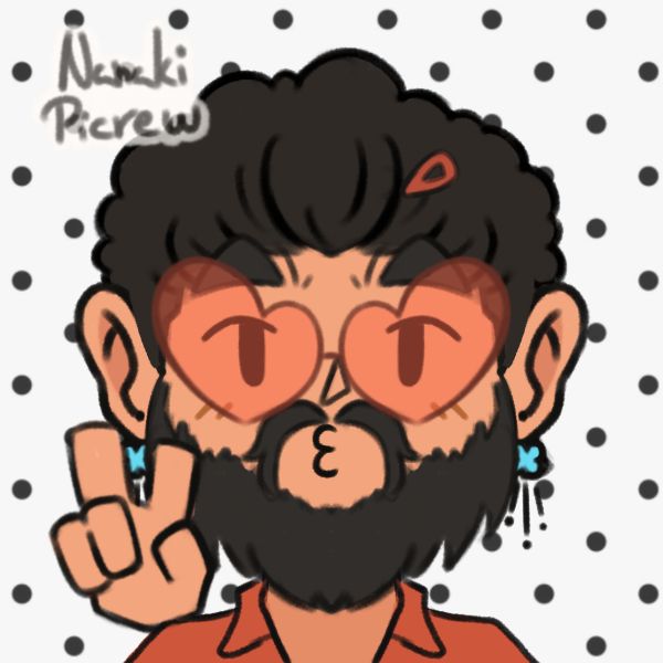 picrew de mi persona. Pendientes rechulis, pelo despeinado y unas gafas con forma de corazón. Y con la boquita así ":3"