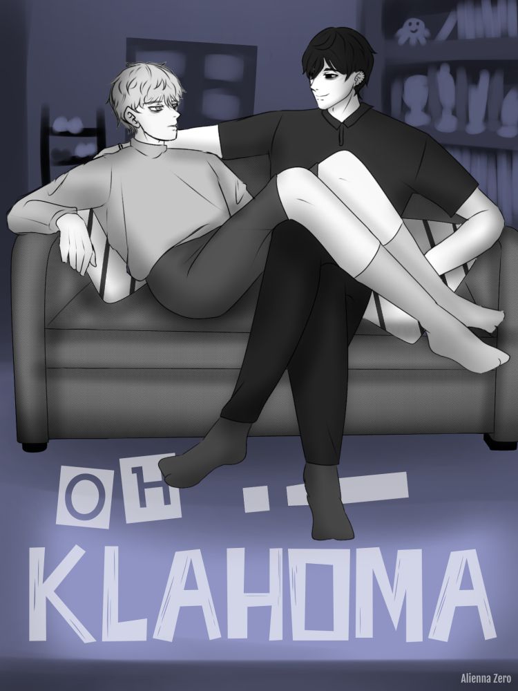 illustration of Denji and Hirofumi sitting together on a sofa with socks on. The title of the fic, "Oh Klahoma!" Is written with 50% opacity.