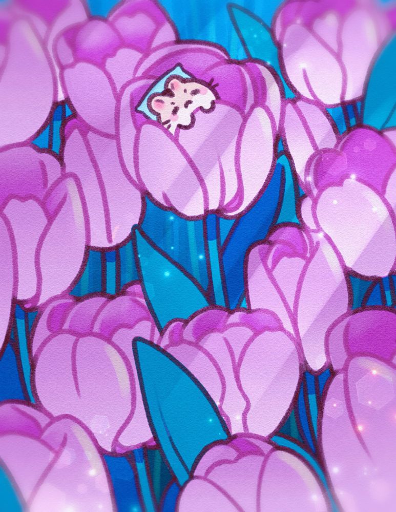 cute illustration of DoodleBug the hamster sleeping in a tulip.