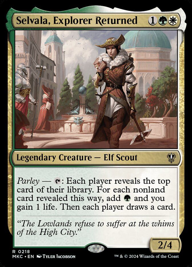 Selvala, Explorer Returned {1}{G}{W}
Legendary Creature — Elf Scout

Parley — {T}: Each player reveals the top card of their library. For each nonland card revealed this way, add {G} and you gain 1 life. Then each player draws a card.

Flavor Text:  “The Lowlands refuse to suffer at the whims of the High City.”