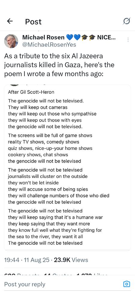 Screenshot of a post on X by Michael Rosen: A poem he wrote a few months ago as a tribute to the six Al Jazeera journalists killed in Gaza.