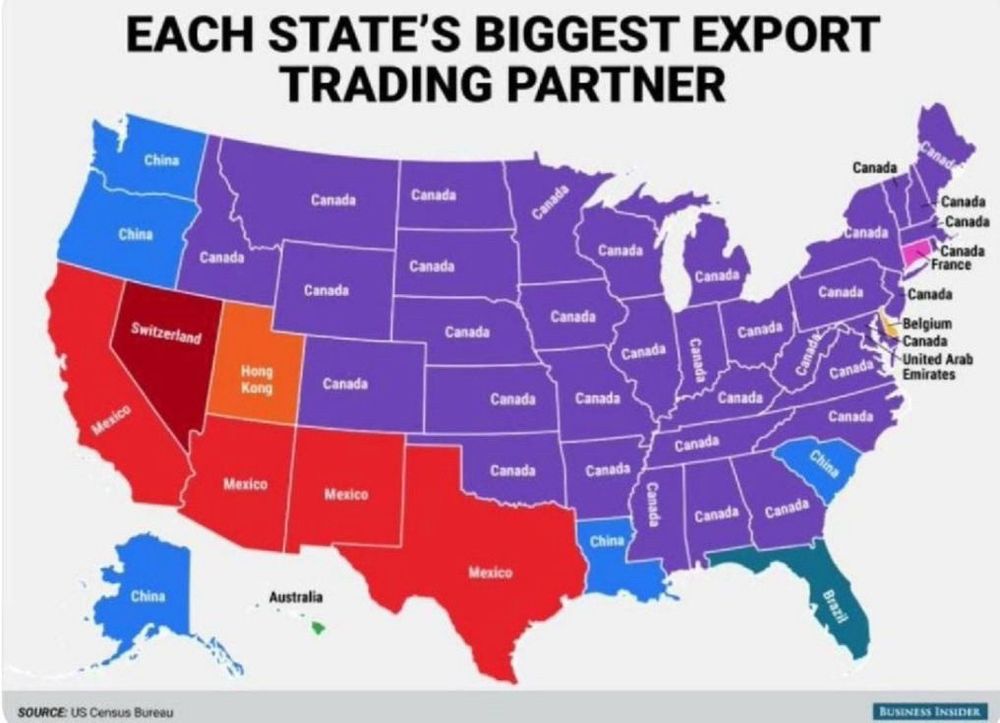 Map showing each state’s biggest international trading partner. Nevada’s partner is Switzerland. 