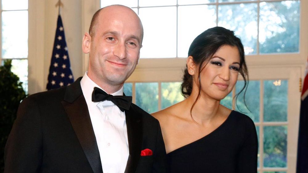 Photo of Stephen Miller and wife Katie Miller wearing evening clothes. 
