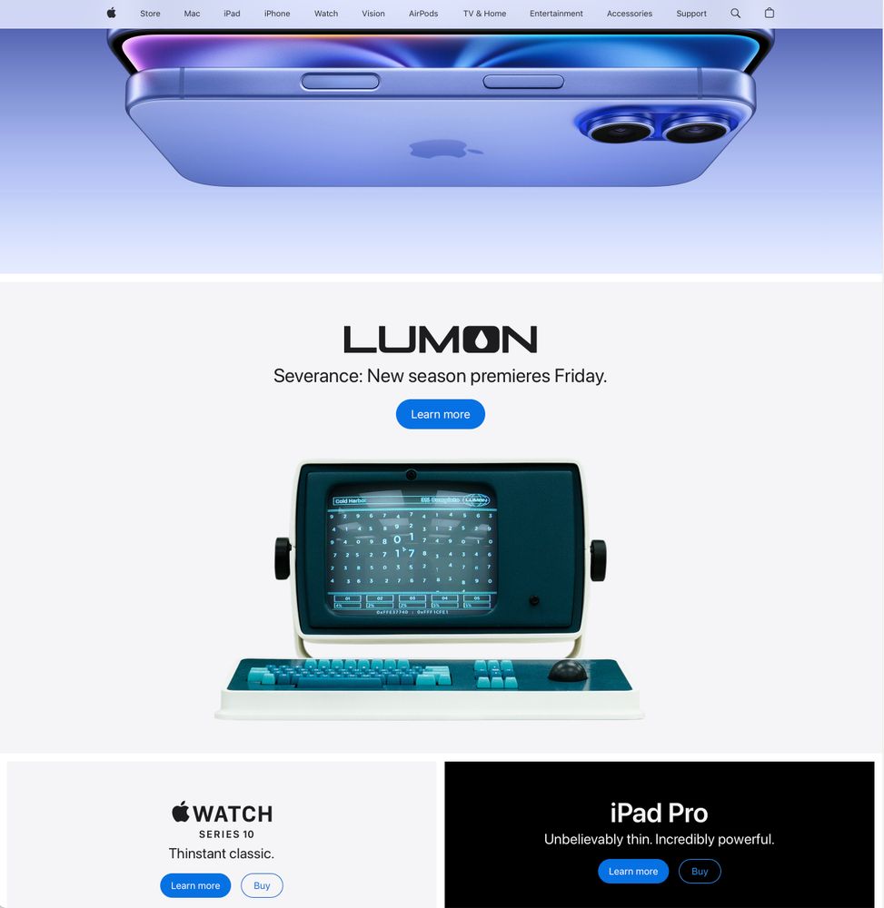 Severance promo on Apple.com, featuring a Lumon desktop terminal from Macrodata Refinement.