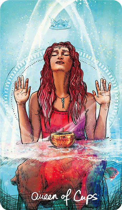 Lightseer’s Tarot by Chris-Anne Donnelly
Queen of Cups

A woman with red long hair and brown skin wearing a red tank top dress sits in a blue ethereal setting. From waist down she appears to be in the water with a bowl floating on the white wispy surface. Her hands are up and open, her head tilted back with eyes closed. Almost in a trance looking a state. A whisper of a crown is about 6-8 inches floating above her head. 