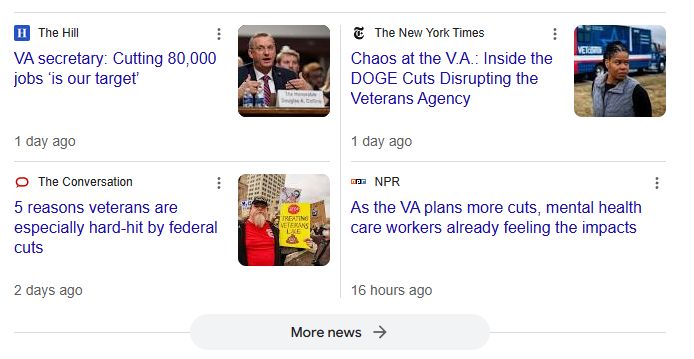 The Hill
VA secretary: Cutting 80,000 jobs ‘is our target’
1 day ago

The New York Times
Chaos at the V.A.: Inside the DOGE Cuts Disrupting the Veterans Agency
1 day ago

The Conversation
5 reasons veterans are especially hard-hit by federal cuts
2 days ago
NPR
As the VA plans more cuts, mental health care workers already feeling the impacts
16 hours ago
