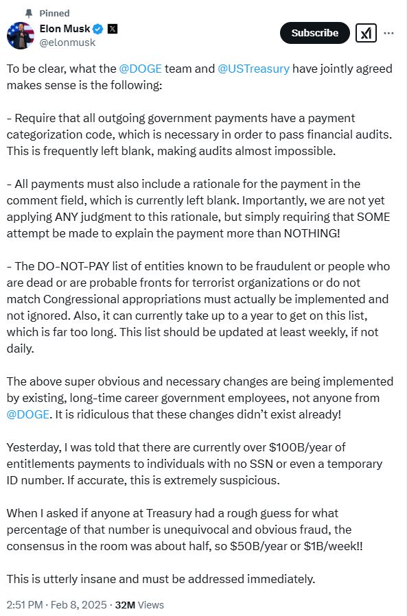 Pinned Musk post filled with lies about government payment accounting
