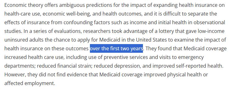In a series of evaluations, researchers took advantage of a lottery that gave low-income uninsured adults the chance to apply for Medicaid in the United States to examine the impact of health insurance on these outcomes over the first two years. They found that Medicaid coverage increased health care use, including use of preventive services and visits to emergency departments; reduced financial strain; reduced depression, and improved self-reported health. However, they did not find evidence that Medicaid coverage improved physical health or affected employment.