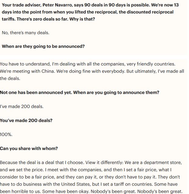 Your trade adviser, Peter Navarro, says 90 deals in 90 days is possible. We're now 13 days into the point from when you lifted the reciprocal, the discounted reciprocal tariffs. There's zero deals so far. Why is that? 

No, there’s many deals. 

When are they going to be announced? 

You have to understand, I'm dealing with all the companies, very friendly countries. We're meeting with China. We're doing fine with everybody. But ultimately, I've made all the deals.

Not one has been announced yet. When are you going to announce them?

I’ve made 200 deals. 

You’ve made 200 deals?

100%.

Can you share with whom?

Because the deal is a deal that I choose. View it differently: We are a department store, and we set the price. I meet with the companies, and then I set a fair price, what I consider to be a fair price, and they can pay it, or they don't have to pay it. They don't have to do business with the United States, but I set a tariff on countries. Some have been horrible to us. Some have been okay. Nobody's been great. Nobody's been great.