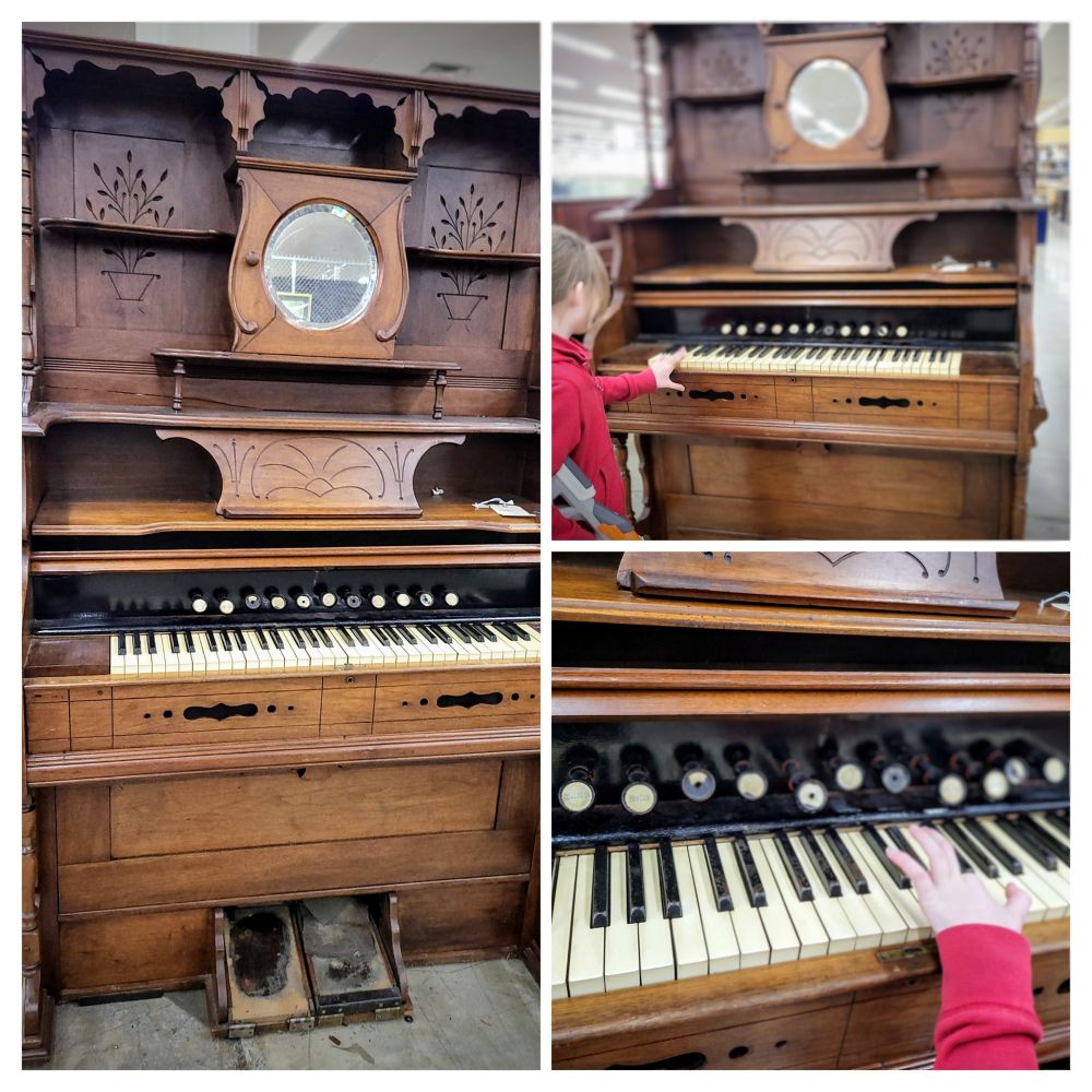 A collage of three pictures of an old battered organ found in a thrift store.