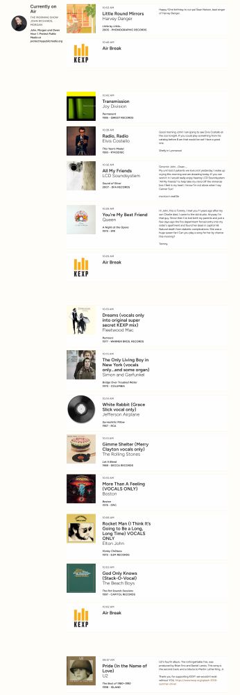 playlist of the morning show on kexp 90.3 fm showing selections of vocal only clips they opened their show with.