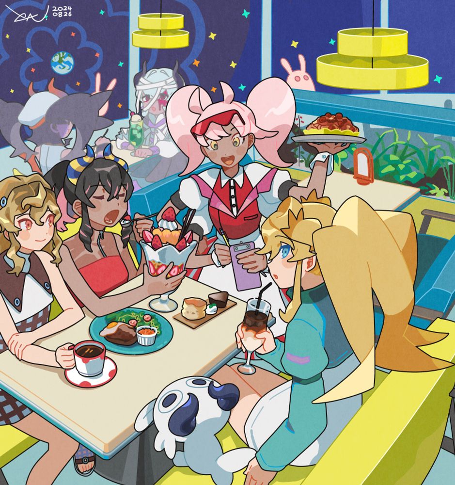 複数のオリジナルキャラクターが月面にあるカフェで食事をしている様子を描いたイラスト
